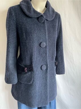 Pollari Wool Alpaca Coat Blue Velvet Bow Peter Pan Collar Romantic Vintage Style